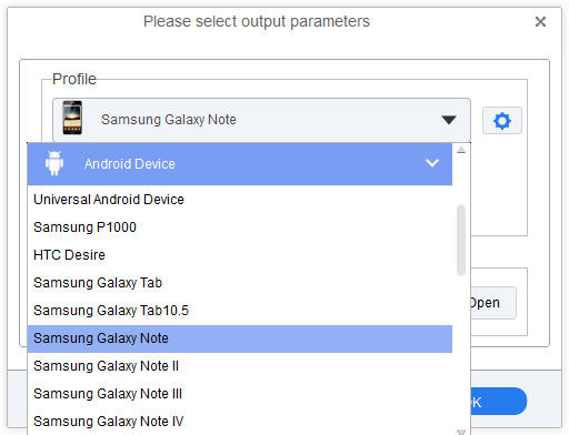 set Galaxy Note as output format